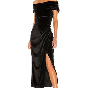 LPA REVOLVE BINX Black Off Shoulder Velvet Dress Gown Slit XXS 00